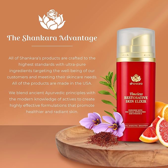 Shankara Timeless Restorative Skin Elixir – 2-in-1 Ayurvedic Serum & Kumkumadi Oil Pump Duo – With Vitamin C, Citrus Stem Cell Tech, Ectoin & Saffron – Hydrating, Moisturizing for Glowing Skin (30ml)