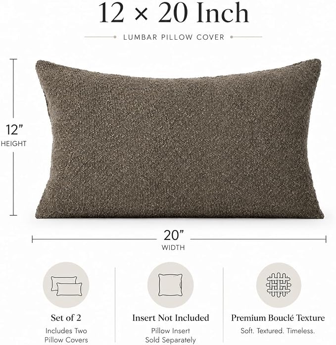 JoraLion 12x20 inch Boucle Throw Pillow Covers, Brown Woven Texture Neutral Pillow Cover Breathable Cushion Case for Couch Sofa Bed Living Room Home Decor, Pack of 2, No Insert