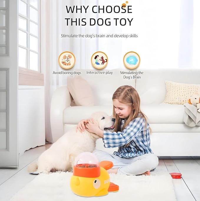 Interactive Dog Treat Dispenser Toy, Duck Shape Puzzle Feeder with Press Button and Rotating Design, Yellow and Orange, Slow Feeding Game for Dogs and Cats