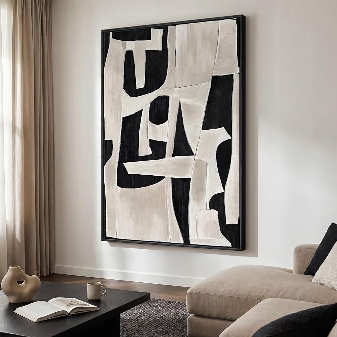 Extra Large Framed Black and White Abstract Wall Art for Living Room, Modern Canvas Prints Paintings Artwork for Walls, Minimalist Black Beige Pictures for Bedroom Dining Hallway Wall Decor 40x60 In