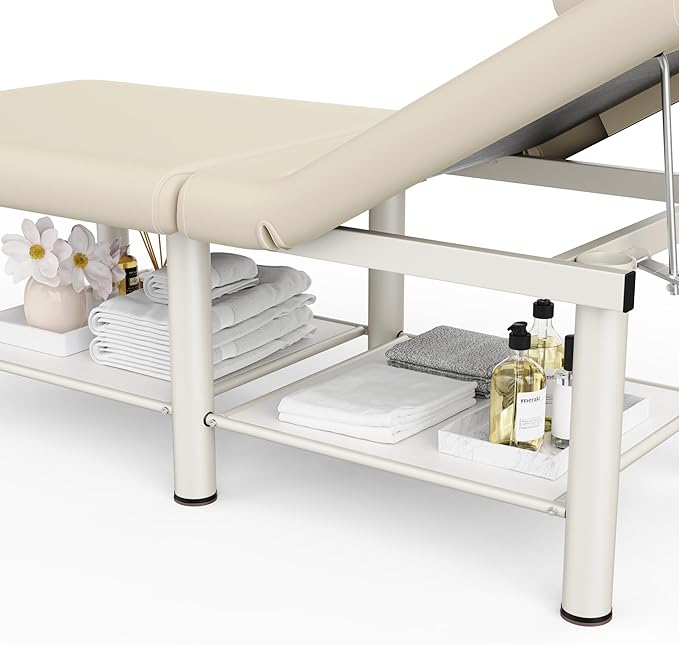 Folding Stationary Massage Table with Backrest and Storage Space for Treatment Table Physical Therapy Table Spa Facial Bed, 6 Round Legs Metal Frame PU Leather, 30.5'' Wide × 75'' Long - Beige Gray