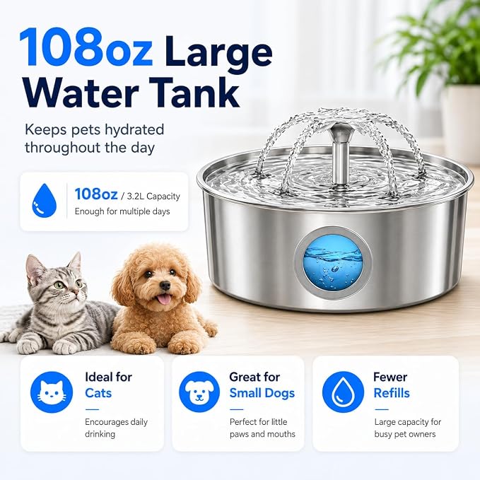 Cat Water Fountain, 3.2L 108Oz Stainless Steel Pet Fountain, 4 Filters | Stainless steel cat fountain, dishwasher safe with triple filtration, quiet pump and visible water window for cats and dogs.