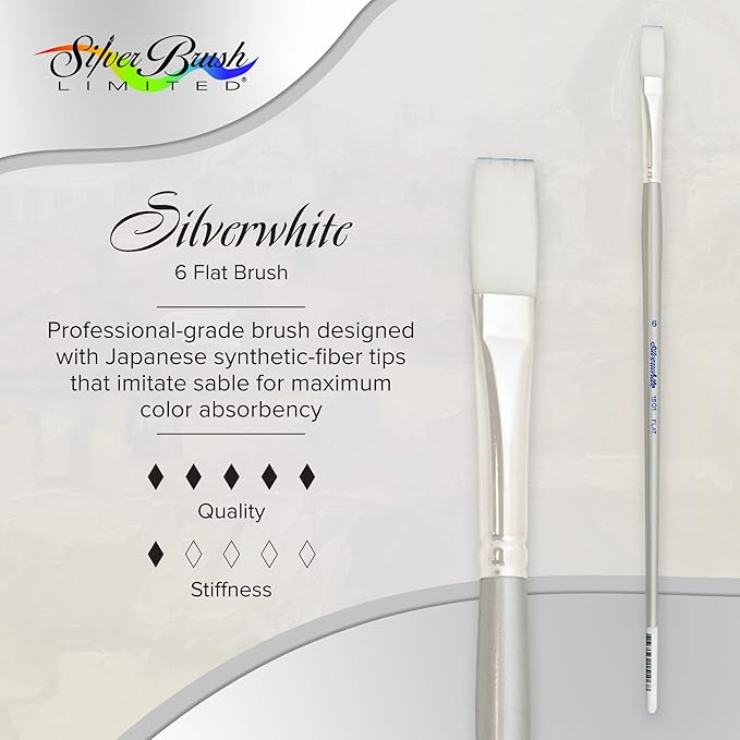 Silver Brush Limited 15016 Silverwhite Flat Brush, Watercolor, Acrylics, Gouache, or Oil Brush, Size 6, Long Handle