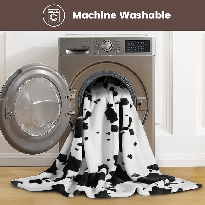 Cozy Bliss Cow Print Fuzzy Throw Blanket for Couch - Thick Soft Warm Non Shedding Fleece Blankets for Western Décor Room, for Kids, Women Men Girls, Black & White 50"*60"