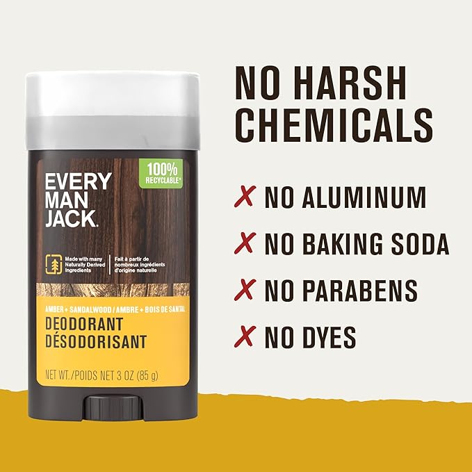 Every Man Jack Amber + Sandalwood Men’s Deodorant - Stay Fresh with Aluminum Free Deodorant For all Skin Types - Odor Crushing, Long Lasting, with Naturally Derived Ingredients - 3oz (2 Pack)