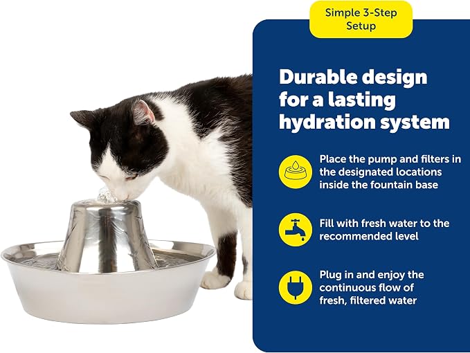 PetSafe Seaside Stainless Cat & Dog Fountain, 60 oz, 2 Filters & Pump | 60 Oz Capacity, 360-Degree Flow, Triple-Filter with 2.5x More Activated Carbon, Scratch/Rust-Resistant Stainless Steel