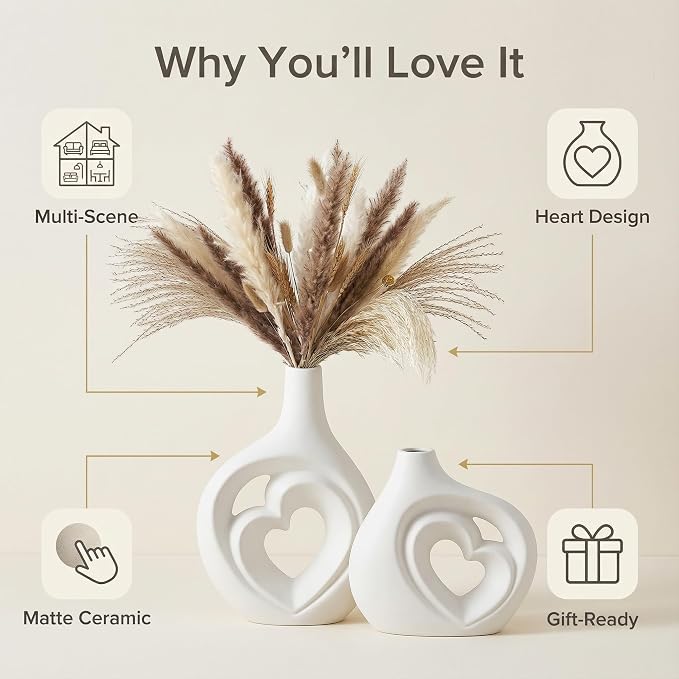 White Heart Shaped Hollow Ceramic Vase Set of 2 | Modern Nordic Boho Style, Table Centerpiece Decor, Matte Finish, H 8.5in