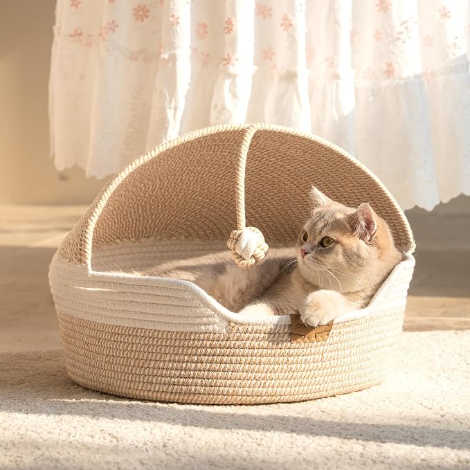 CHEERPALS Cat Basket Bed with Washable Cushion and Ball Rope Cotton, Covered Pet Bed for Indoor Cats Cave Bed Hooded, Stimulicat Cat Bed Handwoven Breathable, All Season Universal(White)