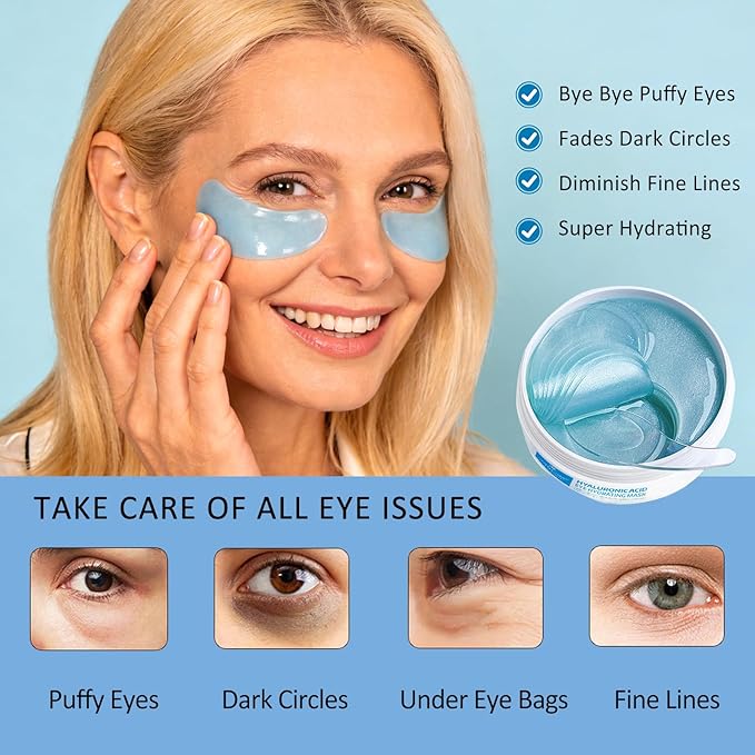 firstfly 60 PCS Under Eye Patch Masks, for Dark Circles, Puffy Eyes, Reduces Fine Lines, Wrinkles, Eye Bags with Collagen & Hyaluronic Acid - Day & Night Skincare Pads,Hydrating & Cooling