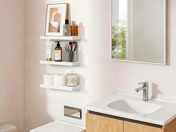 BAYKA White Floating Shelves 15.7in, Set of 3, Wall Mount Rustic Wood Shelf | 22lbs Max Load, Hidden Bracket, for Bathroom Bedroom Kitchen Display Storage Decor, Easy Install, Multi-Wall Compatible