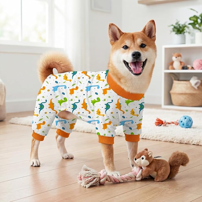 Dog Pajamas for Small Medium Dogs Pjs Orange Dinosaurs Dog Onesie Breathable Puppy Pj Pet Stretchy Soft Sleepwear for Spring Summer Costume-M