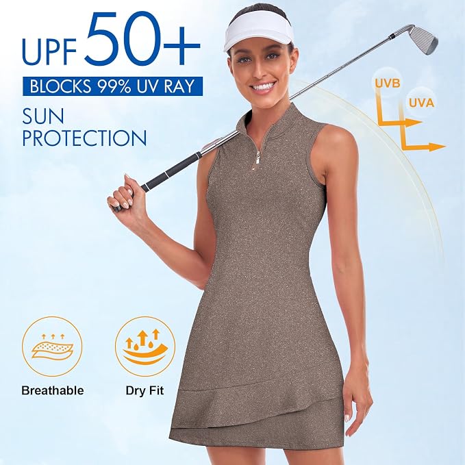 Viracy Tennis Dress for Women Sleeveless Golf Dresses with Shorts and Pockets Ruffle Zip Up Stand Collar Golf Outfits