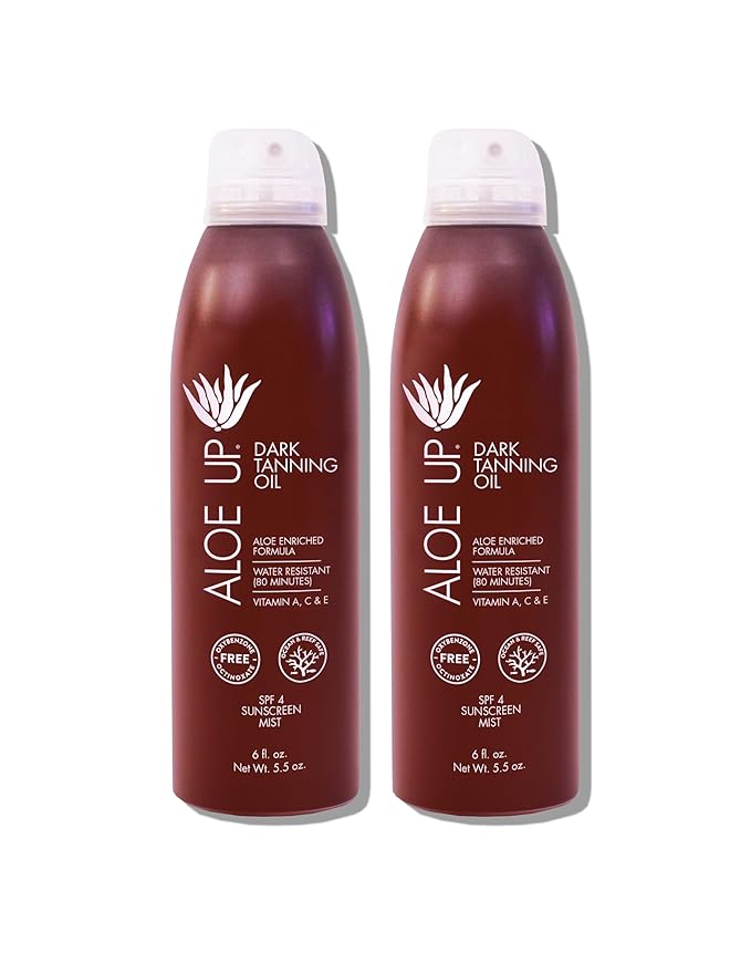 ALOE UP Aloe Vera Quick Dry Tanning Oil Spray 6 Fl Oz – Reef Safe Outdoor Sun Screen & Tan Oil, Non-Greasy, Fast Absorbing, SPF 4, 2 Pack – Brown, Medium Skin Tone