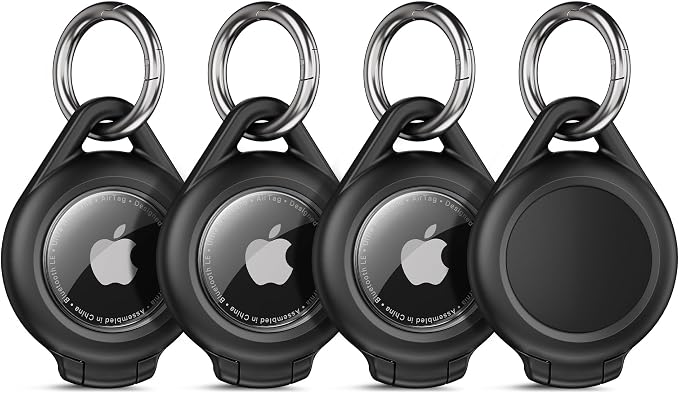 Waterproof AirTag Holder, 4 Pack AirTag Keychain Holder with Keyring, Black | Compatible with Apple AirTags 1st & 2nd, Ultra-Durable Anti-Scratch Protective Case for Luggage, Backpack, Pet, Bag