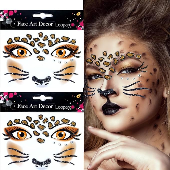 Leopard Face Tattoo Stickers Tiger Lion, Leopard Print Cat Face Gems for Women Party Birthday Cosplay Face Temporary Tattoo for Makeup 2 sheets