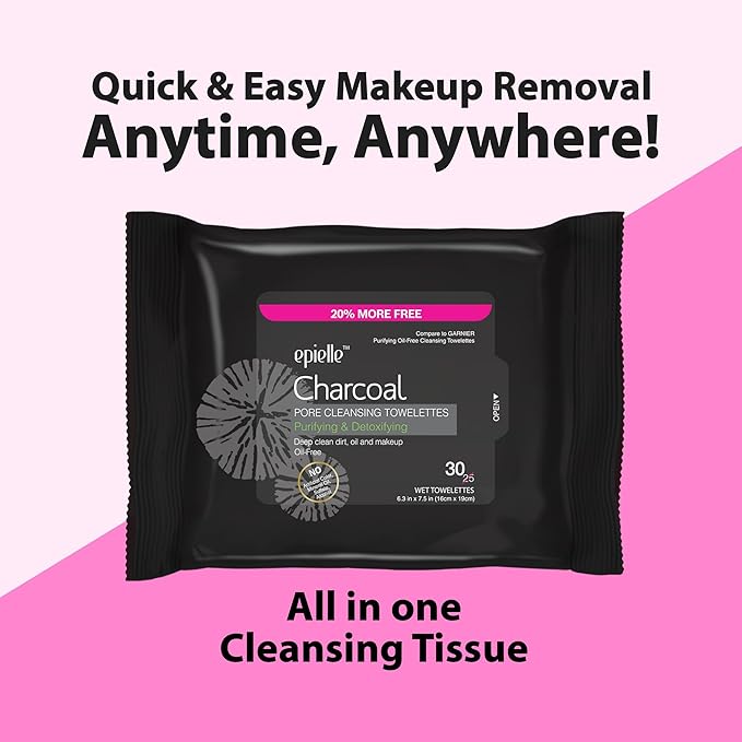 Epielle Charcoal Makeup Remover Wipes, Purifying & Detoxifying, Pore Cleaning Facial Cleanser Towelettes, Remove Dirt, Oil, Waterproof Mascara, Stocking Stuffers, 30 Count (Pack of 2)