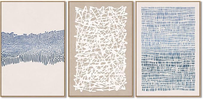SAFERRYHOME Blue Neutral Contrast Abstract Boho Wall Art,3 Panels 24"x36" | Modern Abstract Framed Canvas Print Set, Mid Century Modern Minimalist Lines Geometric Pattern for Living Room,Bedroom,Office