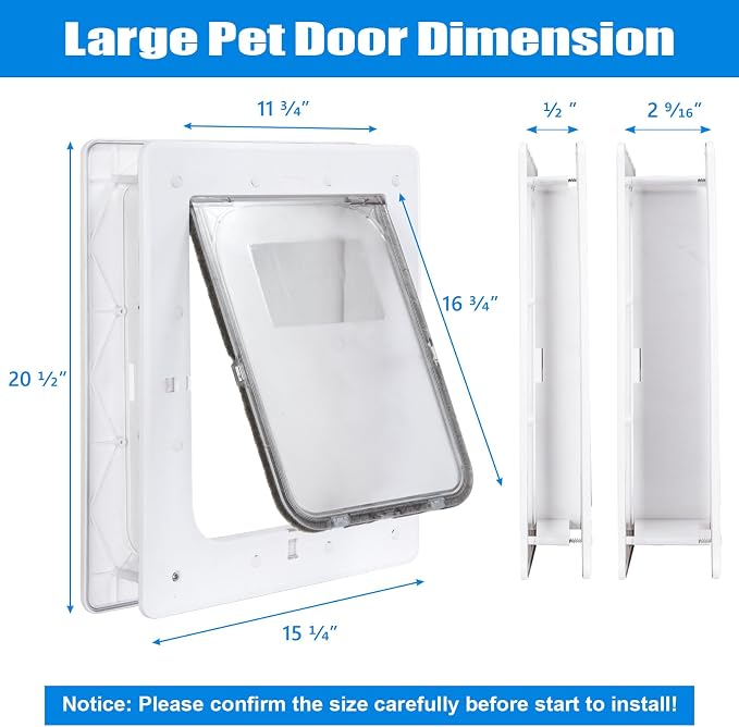 Pet Door, Durable Plastic Dog Door, 16.7”x 11.7'' Inner Frame for Large Dog and Pets, Easy DIY Installation, Suitable for Interior and Exterior Doors, Screen and Wall, White Doggie Door