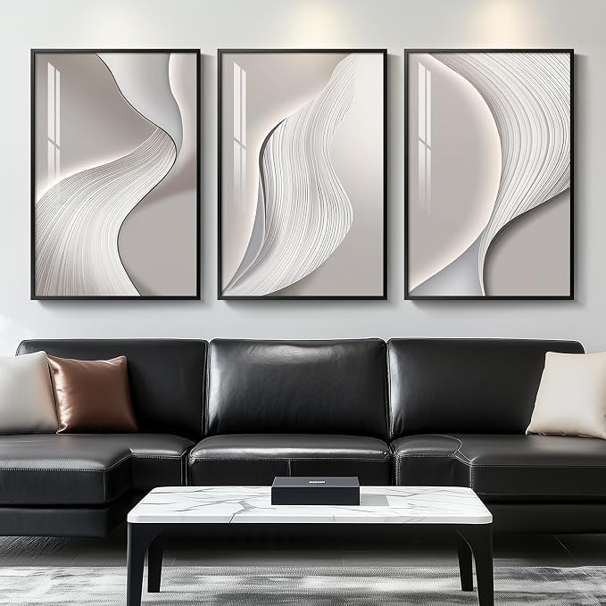 Large Framed Modern Abstract Wall Art, 3 Piece Minimalist Bright Style Prints Paintings Artwork for Walls, Silver Gray Contemporary Luxury Pictures for Living Room Hallway Office Wall Decor Total 30x60 In