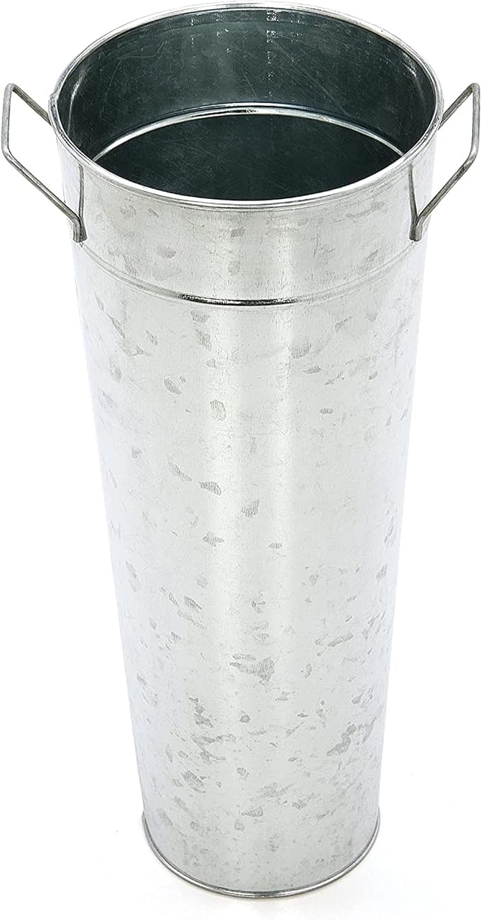 Hosley Galvanized French Bucket Vase with Handles 6" Dia x 15" H- Perfect for Weddings, Parties, Country Picnics, Floral Arrangements, Tableware Storage, or Candle Gardens - Rustic Farmhouse Décor