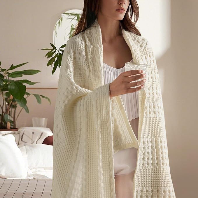 PHF 100% Cotton Waffle Weave Throw Blanket, Lightweight Breathable Summer Blanket for Couch Sofa, Pre-Washed Soft Throws for Bed, Office, Travel & Stylish Home Decor, 50"x60", Cannoli Cream