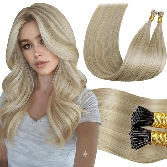LaaVoo Itip Hair Extensions Real Human Hair Blonde I Tip Hair Extensions Light Blonde Highlights Golden Blonde Itip Human Hair Extensions Cold Fusion for Women 24 inch 50g 50s