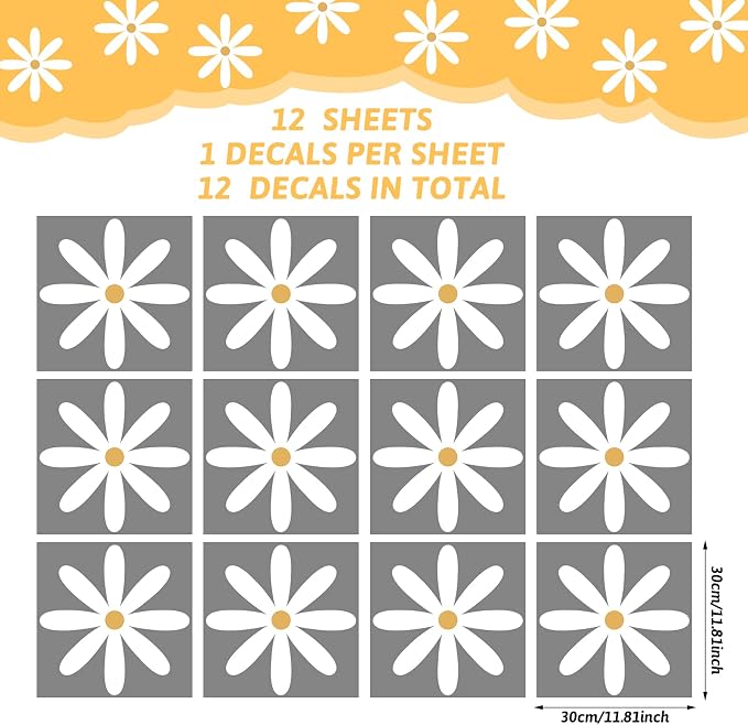 TaoBary 12 Sheet Daisy Wall Sticker Decal,White, Yellow,Fresh Style | Big Flower Wall Sticker, Pink White Floral Decal, Daisy Bedroom Room Decor, Removable Peel and Stick, Nursery Home Wall Decor