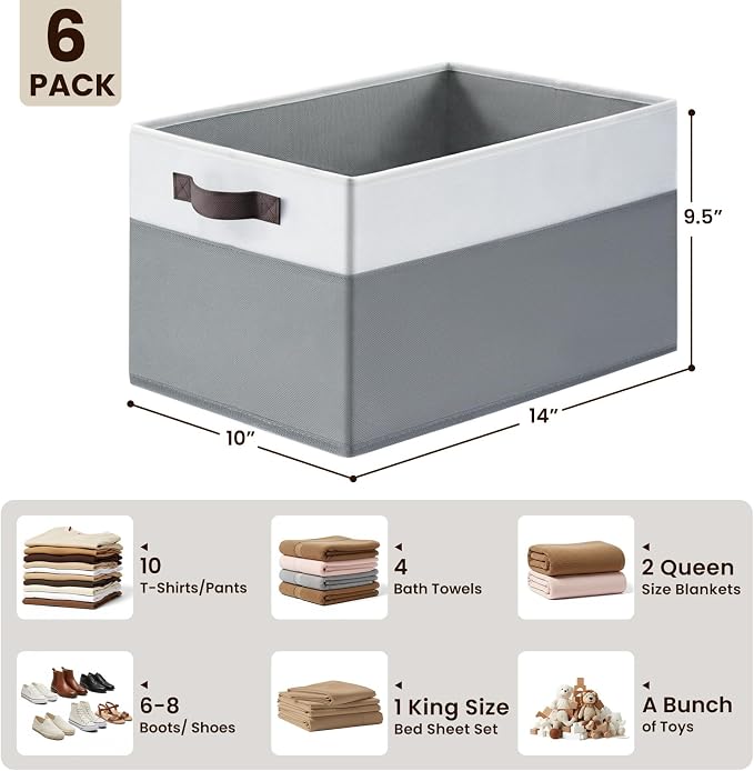 Closet Organizers and Storage Baskets - 6 Pack Shelf Organizer Bins with Handles - Clothes Storage Bins for Bedroom Nursery Home Closet Organization - Blanket Toy Storage Organizer