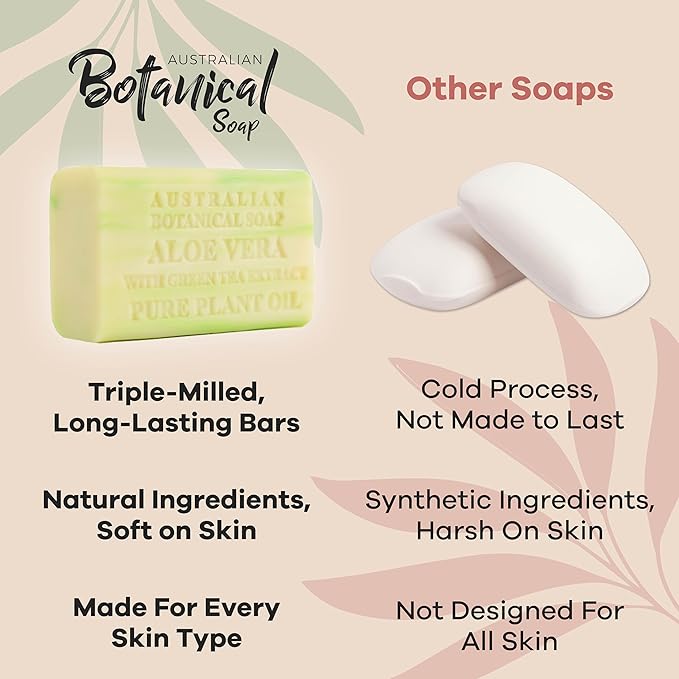 Australian Botanical Soap Aloe Vera with Green Tea Extract 6.6 oz Luxury Soap Bars Enriched with Shea Butter, Pack of 4