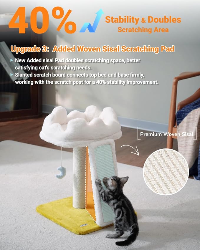 Cat Tree, Cloud Cat Tower with Soft Bed, Cat Scratching Post & Pad with Larger Perch for Window Viewing, Small Cat Tree with Cute Toys, Bonus Catnip