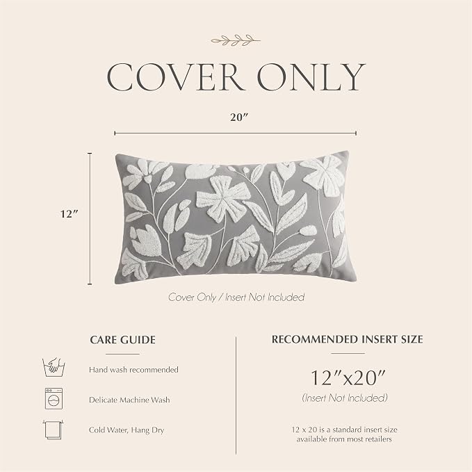 Lumbar Pillow Cover 12x20 Inch, Light Gray Floral Tufted Velvet Decorative Accent Pillow Case for Sofa Bed Living Room, Cover Only