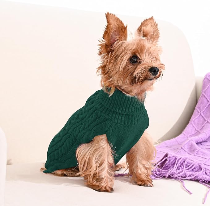 Dog Sweater 2 Pack for Small Dogs, Size S, Green & Brown | Stretchy cable knit turtleneck, machine washable, high belly cut, comfy winter fit for Chihuahua, Maltese