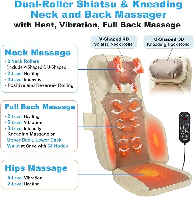 Shiatsu Massage Cushion with Heat for Neck and Back - 4D Kneading, Vibration and Dual-Neck Design, Adjustable Intensity and Height, Help with Muscle Stiffness, for Office Chair, Home, Beige