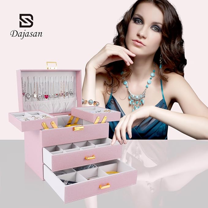 Jewelry Organizer Box, Large Jewelry Boxes for Girls, Space-Saving 4 Layers Jewelry Storage Case with Drawer, Gift for Women, Movable Metal Stand, Modern (Pink+ Gold)