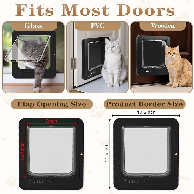 Smart Cat Door for Interior & Exterior, Flap Opening is 7.67’’ (H) by 7'' (W), RFID Cat Pet Door with 3 RFID Collar Sensor Keys & 1 Remote & 4 Way Locking Cat Flap, Automatic Opening Cat Door (Black)