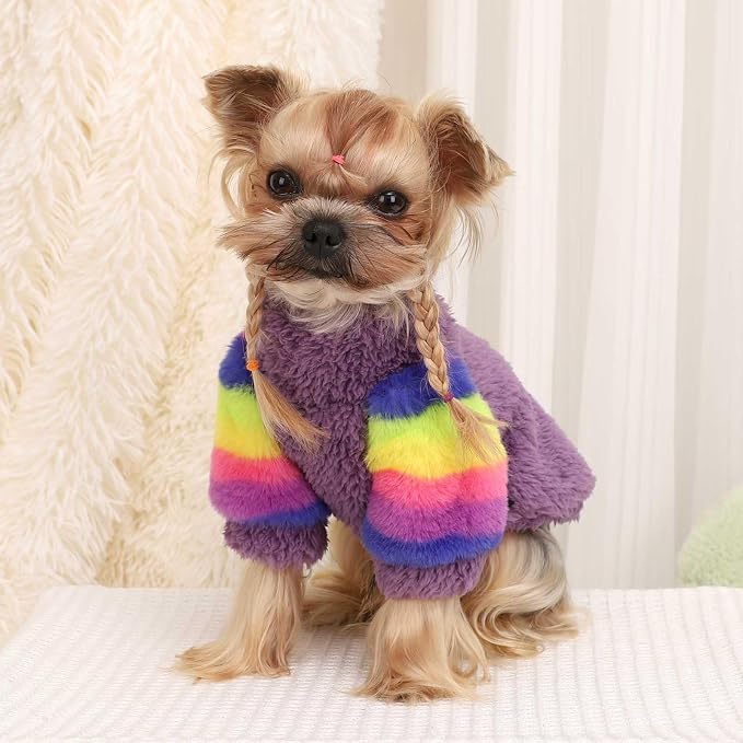 Dog Sweaters for Small Dogs, Chihuahua Fleece Clothes, XS Clothes Winter Warm Puppy Boys Girls, Rainbow Sleeve Sweater,Tiny Outfits Teacup Yorkie (Purple, X-Small)