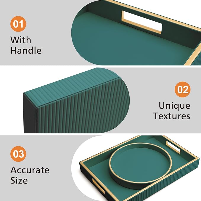 Leather Tray Desktop Storage Organizer, Rectangle Valet Tray, Green | Premium Serving Trays with Handles, Decorative Tray Desk Organizer for Sundries Cosmetics Phone Wallet Keys Cutlery
