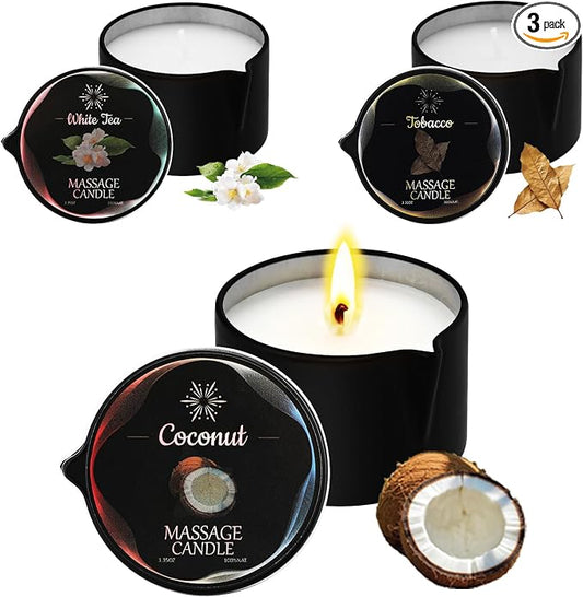 3 Pack Massage Oil Candles, Low Temp Soy Based Massage Candle Set, Assorted Scents for Massage Therapy, Relaxation & Home Spa Self Care