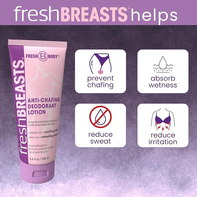 Fresh BREASTS Anti Chafing Deodorant Lotion to Powder, 3.4oz (2 Pack) - Anti Chafe Cream Whole Body Deodorant for Women, Inner Thighs & Areas that Sweat, No Talc, Aluminum or Added Fragrance
