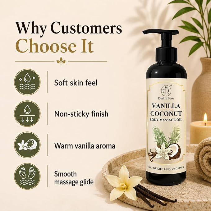 Vanilla Coconut Body Massage Oil | with Vitamin E & Jojoba Oil | Deep Hydration for Dry Skin | Non-Greasy, Fast-Absorbing Formula | 8.45 fl oz (250ml)