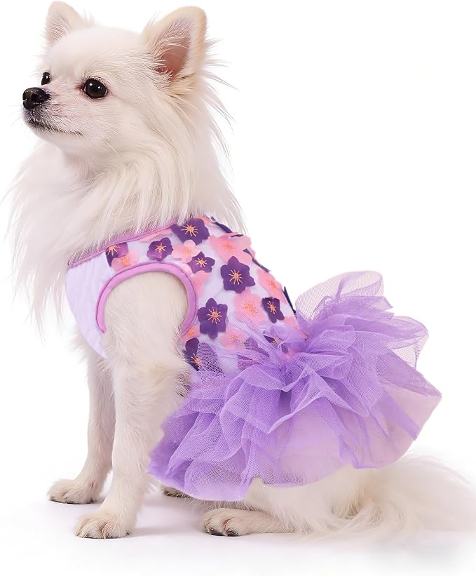 Dog Dress, Fashion Puppy Tutu Princess Dresses for Small Dogs Girl, Sweet Skirt with Dog Bowknot Clips, Spring Dog Cat Clothes Pet Apparel (Purple Floral Dress, Medium)