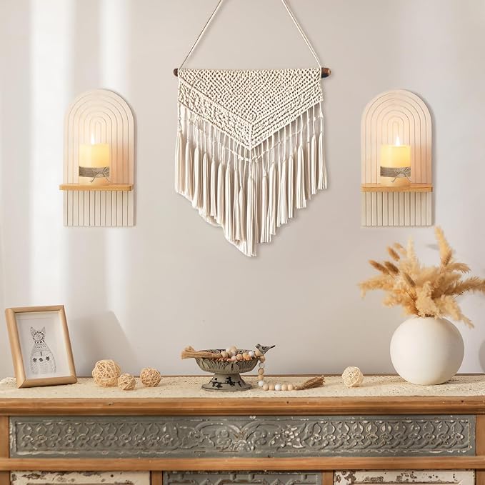 Boho Wall Candle Holder Set of 2 with White Arched 3D Design | Mid-century Candle Sconces, Soild Wood, Modern Minimalist, for Pillar, Plants, Bohemian Art Decor, Beside Fireplace and TV