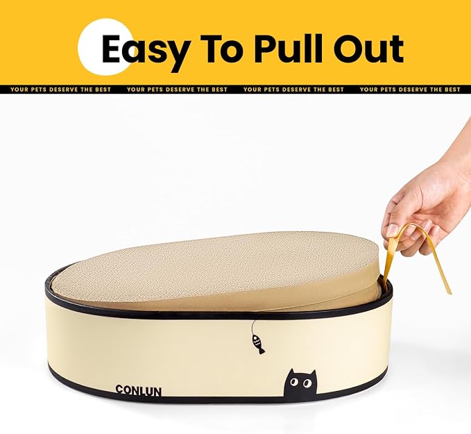 Conlun Oval Cat Scratcher Box with 4 Scratching Pads | Medium | Corrugated Cardboard | Reversible Design | Protects Furniture | Enclosed Bottom | Mess-Free Lounge Bed for Indoor Cats
