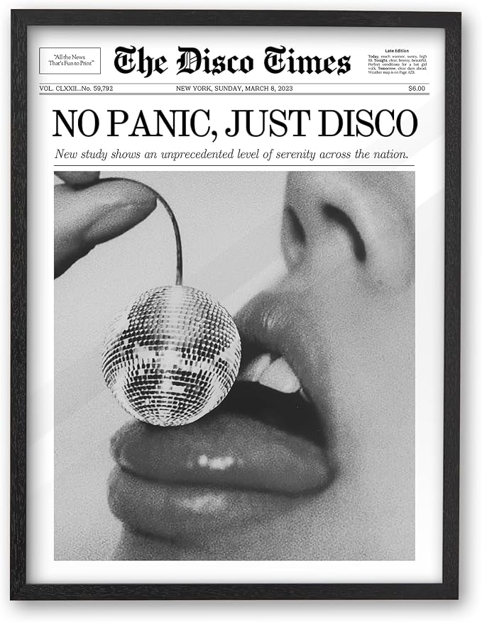 iHery 16x20in No Panic Just Disco Black Framed Newspaper Wall Art | Premium Black Natural OAK Wood Frame with Canvas Print, Retro Disco Ball Decor for Bedroom, Girl Dorm, Living Room 1Pack
