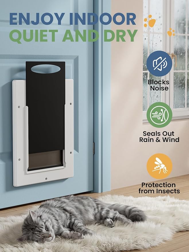 Cat Door with Soft Magnetic Flap, Pets Up to 20 lb, White | Sliding Lock Panel, Soft Magnetic Flap, Adjustable Tunnel, Save energy, Easy DIY Installation Exterior Cat Doors