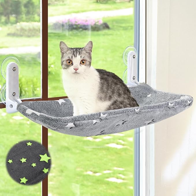 Zoratoo Glow in the Dark Cat Window Perch, Foldable Cordless Pet Hammock, L | Glowing Stars Fabric, Sturdy Metal Frame, Removable for Machine Wash, Comfortable Sunken Design Resting Seat for Indoor Cats