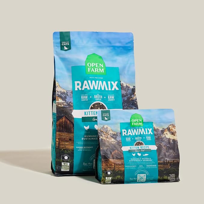 Open Farm RawMix Dry Cat Food, Grain Free Kibble for Kittens, 8lb Bag | Humanely-Raised Chicken & Turkey, Wild-Caught Salmon, Freeze Dried Raw Chunks, Traceable Ingredients, Non-GMO Produce.