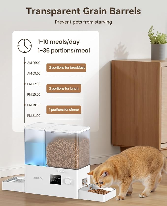 2-in-1 Automatic Cat Feeder & Water Dispenser,WiFi Control Feeding | 2.4G WiFi APP/Timed Feeding/5L Food Feeder,3.5L Water Fountain/Stainless Steel Bowls/Detachable Clean/White