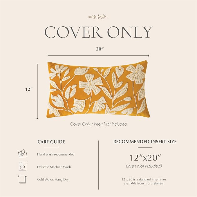 Lumbar Pillow Cover 12x20 Inch, Mustard Floral Tufted Velvet Decorative Accent Pillow Case for Sofa Bed Living Room, Cover Only