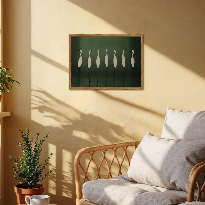 Framed Japanese Cranes Wall Art, Vintage Bird Pictures Wall Decor Paintings, Rustic Nature Animal Canvas Prints Minimalist Green Home Decor for Living Room Bedroom Office 12x16 inch